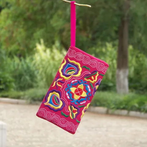 Etnische Stijl Bloem Geborduurde Canvas Portemonnee Vintage Computerborduurwerk Rits Portemonnee Voor Vrouwen Handheld Reisetui