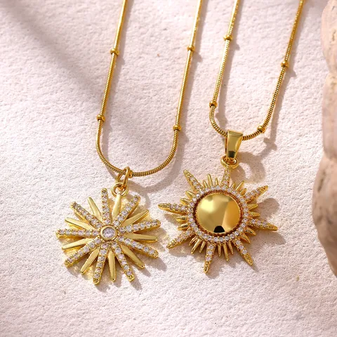 18K Gold Plated Copper Zirconia Sun Starburst Pendant Necklace Micro Pave Light Luxury Elegant Choker For Women Party Jewelry