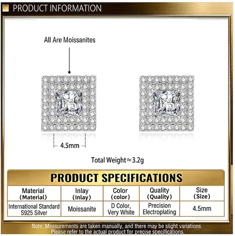925 Sterling Silver Geometric Square Stud Earrings D Color Moissanite Zirconia Inlaid Luxury Jewelry For Women Wedding Anniversary Gift