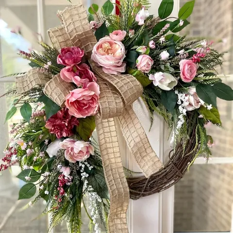 Easter Spring Summer Wreath Artificial Flower Door Hanging Decoration Rustic Farmhouse Wreath With Cross Burlap Bow Ornament