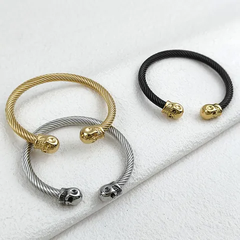 Gothische 304 Roestvrijstalen Gedraaid Touw C-Vormige Open Armband Vintage Dubbele Schedel Punk Sieraad Voor Heren Dames