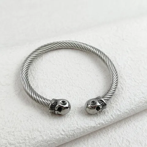 Gothische 304 Roestvrijstalen Gedraaid Touw C-Vormige Open Armband Vintage Dubbele Schedel Punk Sieraad Voor Heren Dames