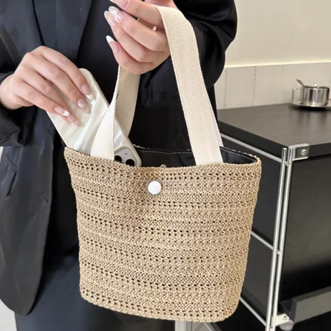 Straw Woven Handbag Bucket Tote With Canvas Handle Button Closure Summer Beach Holiday French Style For Women
