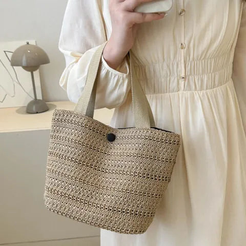 Straw Woven Handbag Bucket Tote With Canvas Handle Button Closure Summer Beach Holiday French Style For Women