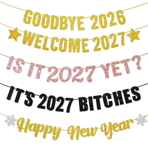 Frohes Neues Jahr Banner Glitzer Papier Hängende Girlande Für 2026 Silvester Party Dekorationen Gold Rose Schwarz