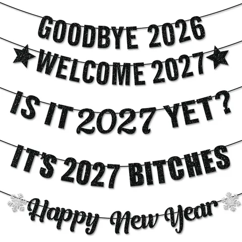 Frohes Neues Jahr Banner Glitzer Papier Hängende Girlande Für 2026 Silvester Party Dekorationen Gold Rose Schwarz