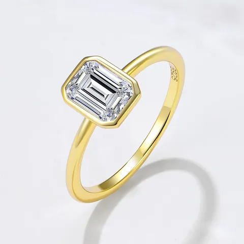 925 Sterling Silver Emerald Cut Square Rhinestone Ring For Women Minimalist Bezel Setting Gold Plated Luxury Fashion Finger Ring Jewelry