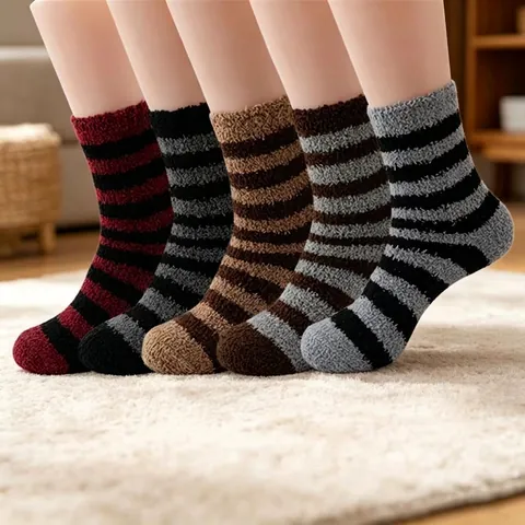 Men Crew Socks Coral Fleece Plush Fuzzy Warm Thick Striped Winter Home Sleeping Casual Soft Breathable