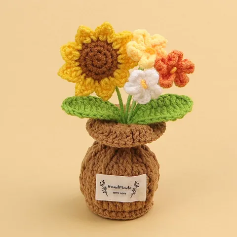 Handmade Knitted Yarn Flower Bouquet Artificial Tulip Rose Sunflower Potted Plant Crochet Flower Ornament Desktop Home Decor