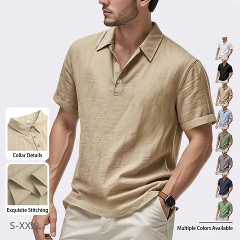 Heren Polo Shirt Met Korte Mouwen Linnenmix Ademend Slim Fit Casual Zomer Strand Vakantie Tops Revers Kraag Knoopsluiting