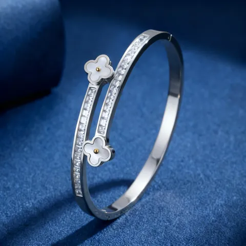 Stainless Steel Twin Clover Open Cuff Bangle With Cubic Zirconia And Mother Of Artificial Pearl Shell For Women Jewelry
