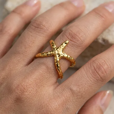 Bague Ouverte Étoile De Mer Abstraite Acier Inoxydable Plaqué Or Texture Martellée Bijoux Femmes