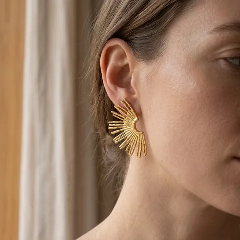 Fan Stud Earrings 18K Gold Plated Stainless Steel Waterproof Hypoallergenic Geometric Hammered Texture Fashion For Women