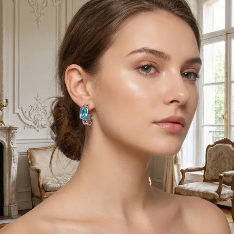 C Hoop Earrings Stainless Steel With Rectangular Colorful Cubic Zirconia Micro Inset Texture Style For Women Luxury
