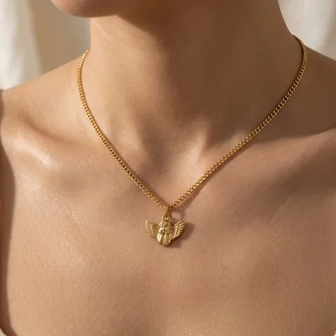 Collana Con Pendente Angelo In Acciaio Inossidabile Placcato Oro Impermeabile Ipoallergenico Gioielli Da Donna