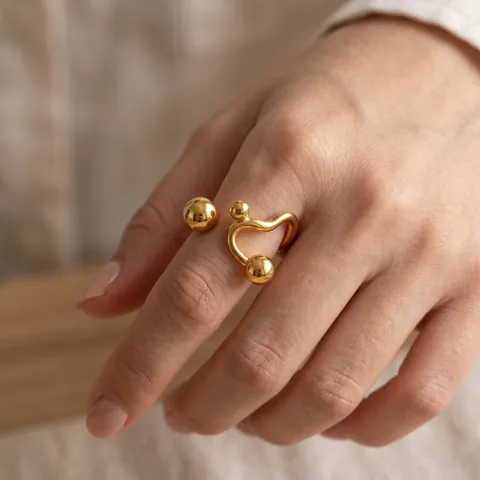 Minimalist Stainless Steel Irregular Wave Open Ring For Women Korean Style Gold Silver Plated Bead Adjustable Jewelry Gift