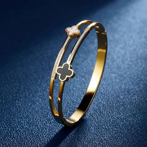 Edelstahl Zweilagiges Offenes Armreif Armband Weiß Schwarz Vierblättriges Kleeblatt Zirkon Eingelegt Elegant Mode Für Damen