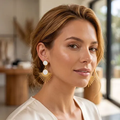 French Retro Natural Shell Sunburst Drop Earrings 304 Stainless Steel PVD Gold Plated Bohemian Jewelry For Women