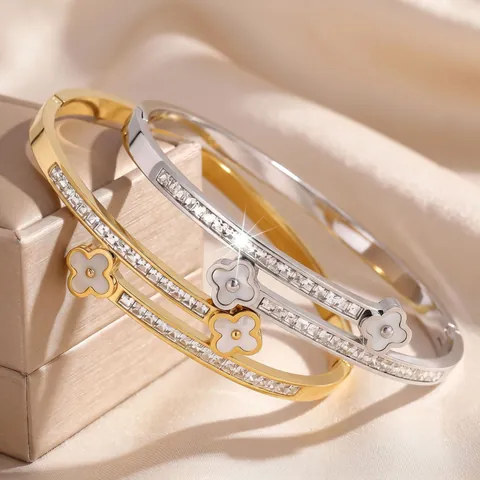 Stainless Steel Open Cuff Bracelet With Double Clover Mother Of Artificial Pearl Shell And Cubic Zirconia Luxury Fashion Jewelry For Women