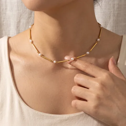 Collar Con Colgante de Nudo de Bambú de Acero Inoxidable de Lujo Para Mujer Chapado en Oro Strass Perla Artificial Joyería