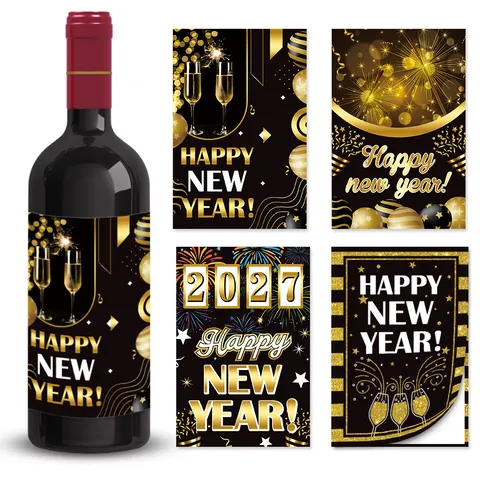 Happy New Year Wine Bottle Stickers Paper Labels Black Gold Firework Party Decoration Festive Ornaments