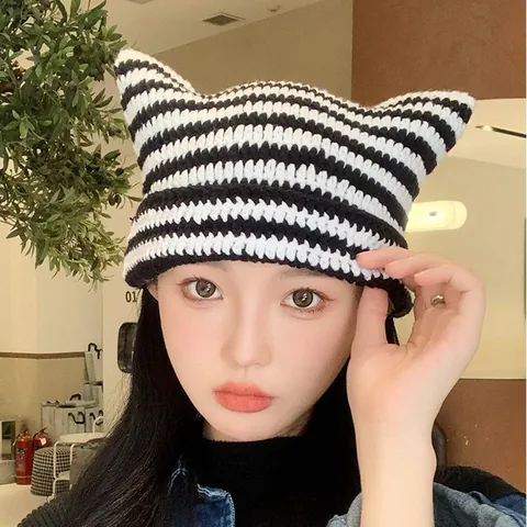 Hand Knitted Cat Ear Beanie Striped Crochet Hat Y2K Grunge Gothic Winter Warm Beanie For Women Girls Striped Knit Cap