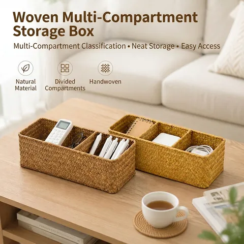 Hand-Woven Wicker Storage Basket Triple Compartment Desktop Organizer Rectangular Bin For Cosmetics Stationery Sundries Home Decor Office