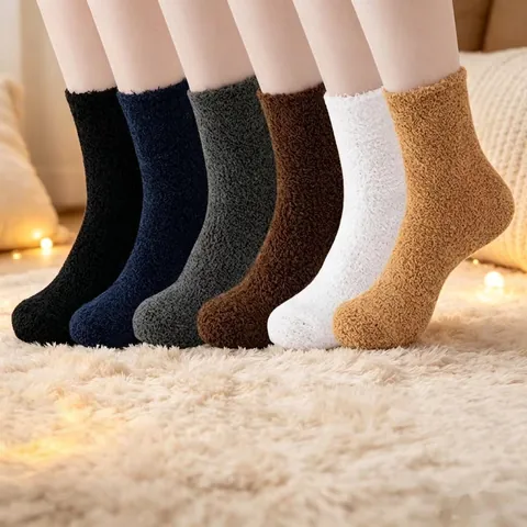 Calcetines Peludos de Vellón de Coral Cálidos de Invierno para Hombre y Mujer Suaves Gruesos Color Sólido Calcetines de Dormir