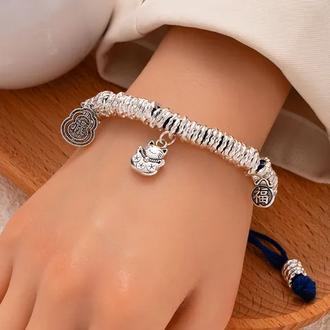 Bracelet En Corde Tressée À La Main Perles En Alliage Pendentif Chat De Fortune Réglable Style Chinois Bijoux Pour Femmes