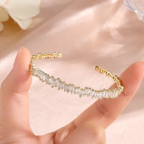 Geometric Irregular Baguette Zirconia Open Cuff Bangle For Women Copper Plated Gold Silver Rhinestone Fashion Jewelry Gift