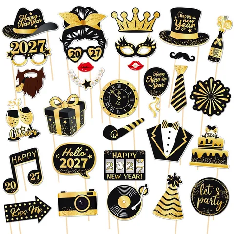 Neujahr Party Foto Requisiten Handheld Papier Und Holz Glitzer Schwarz Gold Festliches Silvester Zubehör