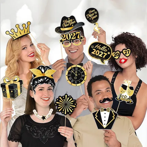 Neujahr Party Foto Requisiten Handheld Papier Und Holz Glitzer Schwarz Gold Festliches Silvester Zubehör