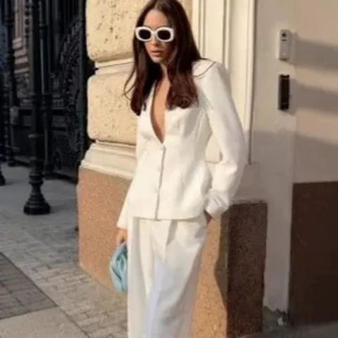 Casual Deep V-neck Blazer And Wide Leg Pants Fashion Office Streetwear Outfit Solid Color Polyester Top And Bottoms