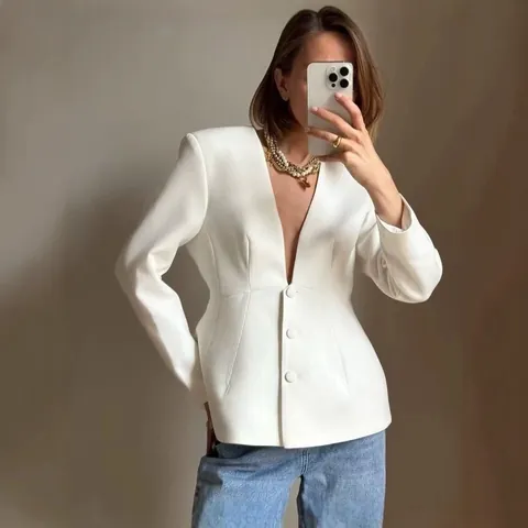 Casual Deep V-neck Blazer And Wide Leg Pants Fashion Office Streetwear Outfit Solid Color Polyester Top And Bottoms