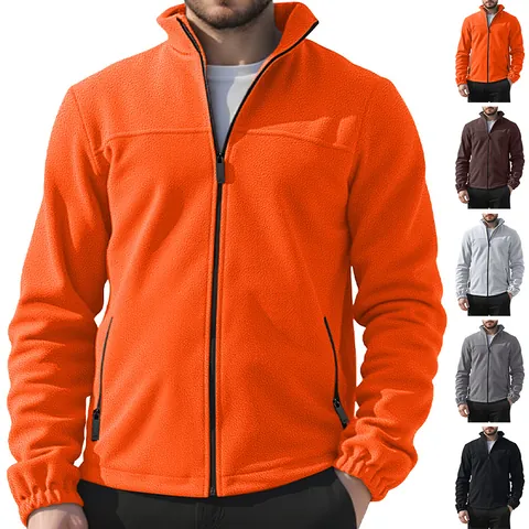 Men Polar Fleece Jacket Full Zip Stand Collar Warm Outdoor Casual Coat Soft Winter Sportswear