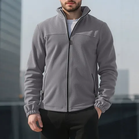 Men Fleece Jacket Stand Collar Full Zipper Outdoor Warm Solid Color Casual Coat Sporty Outwear