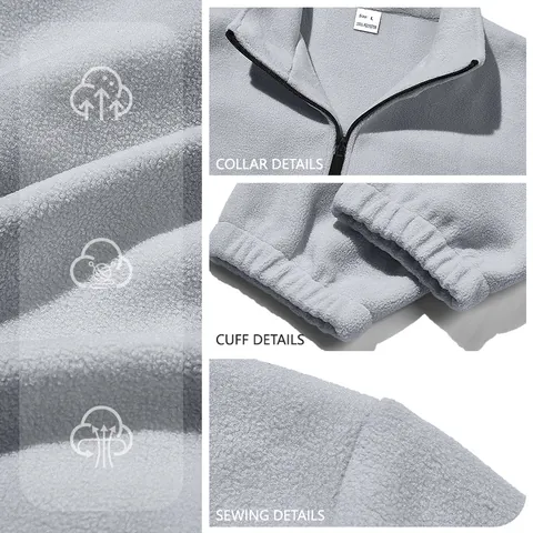 Men Polar Fleece Jacket Stand Collar Full Zip Sweatshirt Thick Warm Thermal Outdoor Casual Solid Color