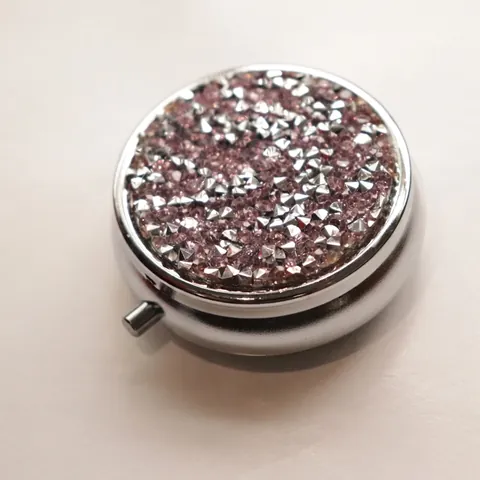 Portable Round Pill Box Rhinestone Metal Crystal Travel Organizer Mini Jewelry Storage Case Sparkly Elegant Internal Compartments Mirror