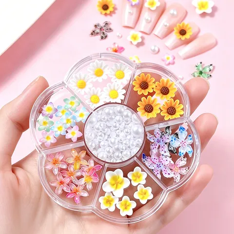 Resin Bow Artificial Pearl Nail Art Charms Mixed Shapes Heart Star Bear Sweet Style DIY Manicure Decoration In Storage Case