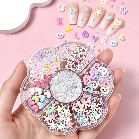 Resin Bow Artificial Pearl Nail Art Charms Mixed Shapes Heart Star Bear Sweet Style DIY Manicure Decoration In Storage Case