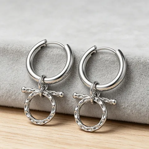 Orecchini a Cerchio in Acciaio al Titanio Minimalisti Con Texture Martellata Argento Orecchini a Pendente Circolare Lucidato Gioielli Donna