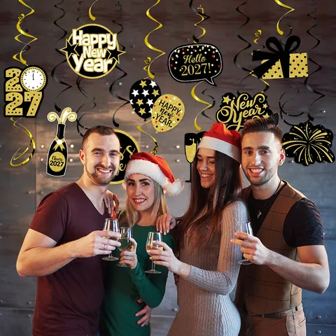 Espirales Colgantes Adornos PVC Plástico Cartulina Decoraciones Fiesta Año Nuevo Techo Negro Oro Accesorios Celebración