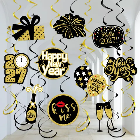 Espirales Colgantes Adornos PVC Plástico Cartulina Decoraciones Fiesta Año Nuevo Techo Negro Oro Accesorios Celebración