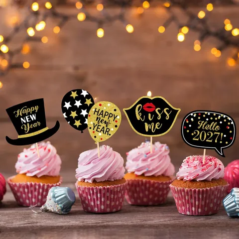 Neujahr Kuchen Topper Schwarz Gold Glitzer Papier Dessert Dekoration Für Silvester Party Feier Hallo 2026