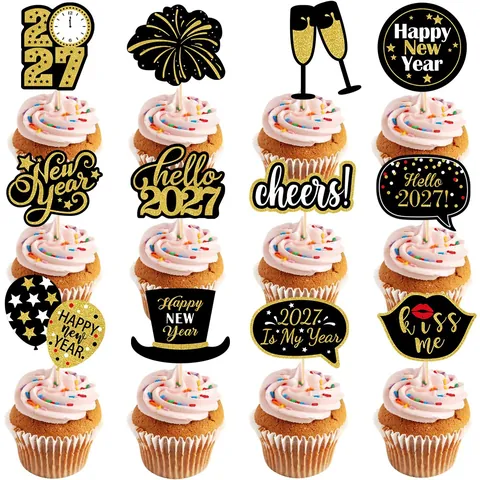 Neujahr Kuchen Topper Schwarz Gold Glitzer Papier Dessert Dekoration Für Silvester Party Feier Hallo 2026