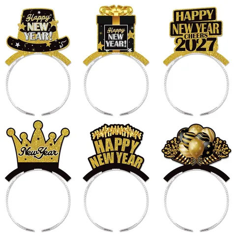 Frohes Neues Jahr 2026 Stirnbänder Partyhüte Glitzer Karton Folie Festlicher Jubel Fotorequisiten Schwarz Gold Feier
