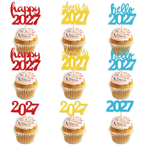 2026 Nieuwjaar Cupcake Toppers Glitterpapier Taartdecoraties Voor Nieuwjaarsfeest Glinsterende Feestelijke Dessertdecors