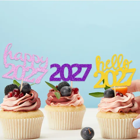 2026 Nieuwjaar Cupcake Toppers Glitterpapier Taartdecoraties Voor Nieuwjaarsfeest Glinsterende Feestelijke Dessertdecors