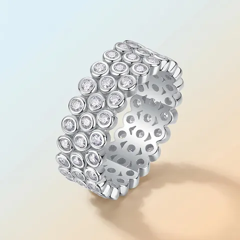 Anello a Fascia a Tre File in Argento Sterling 925 Con Moissanite Lusso Geometrico Intarsiato Scintillante Matrimonio Fidanzamento Donna Gioielli
