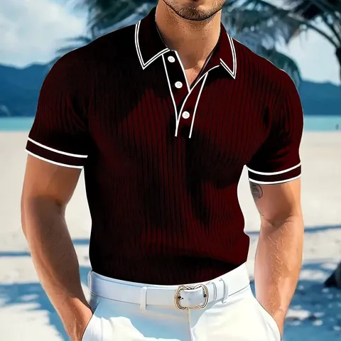 Heren Polo Korte Mouw Geribbeld Gebreid Verticale Strepen Contrast Trim Revers Ademend Slim Fit Casual Zomer Sport Top